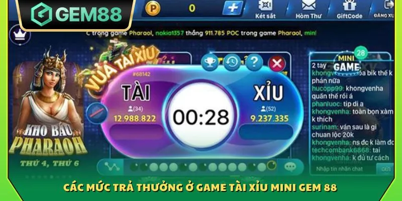 Các mức trả thưởng ở game Tài Xỉu mini Gem 88